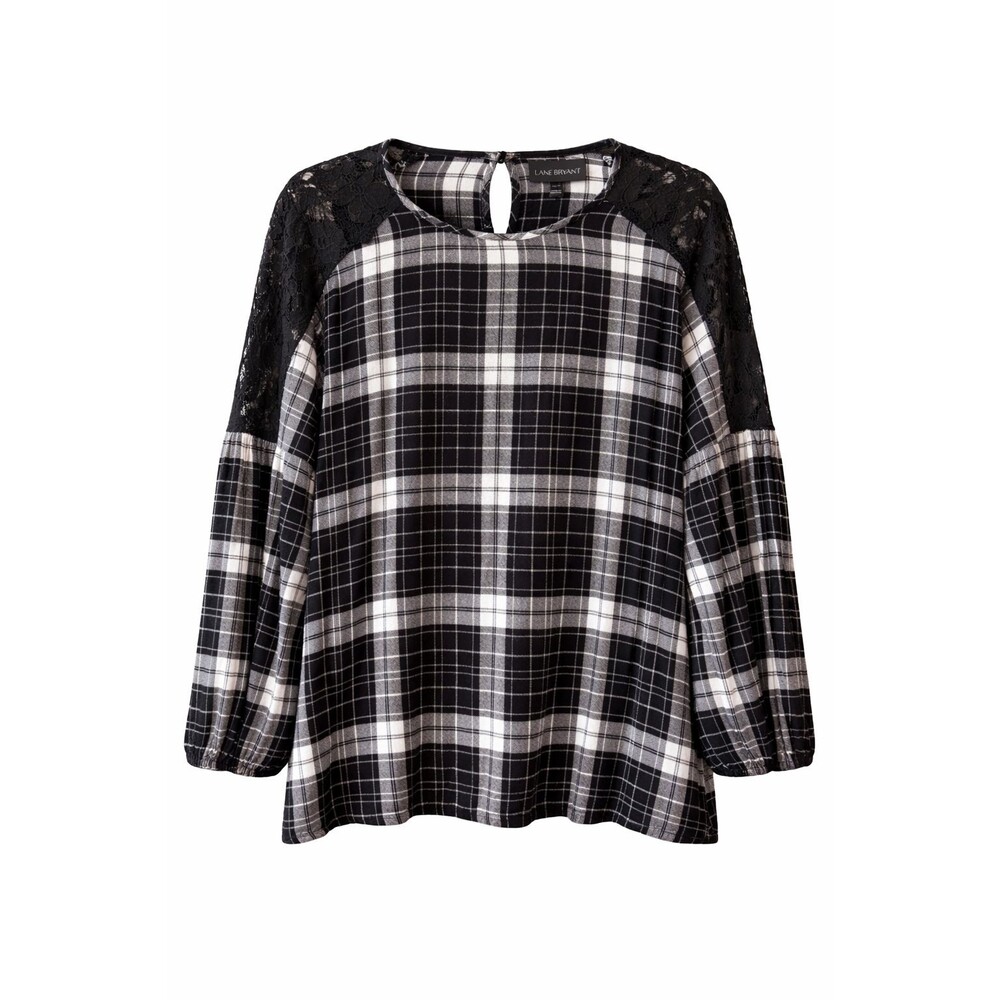 Lane Bryant 14/16 Black White Plaid Top Lace Shoulder Blouse